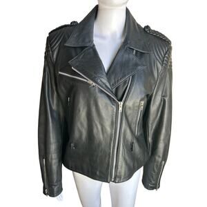 VTG Bermans Black Leather Moto Jacket Womens 16 Quilted Braided Biker